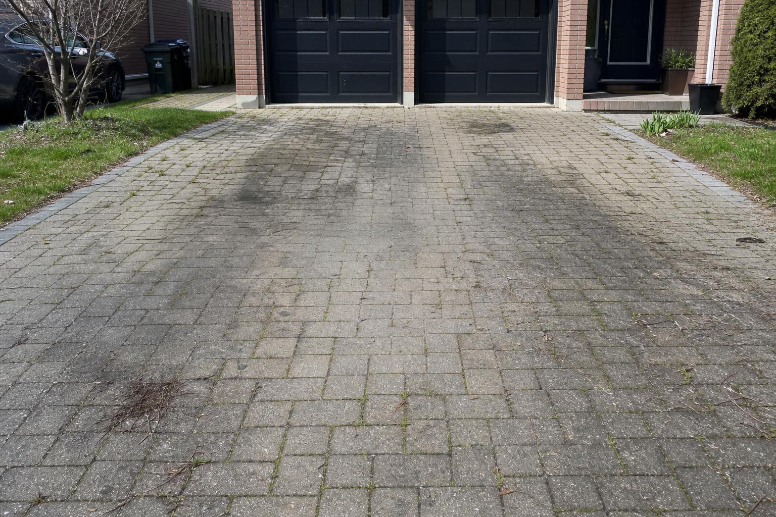 Oil-stained interlock driveway with weeds in the joints before restoration