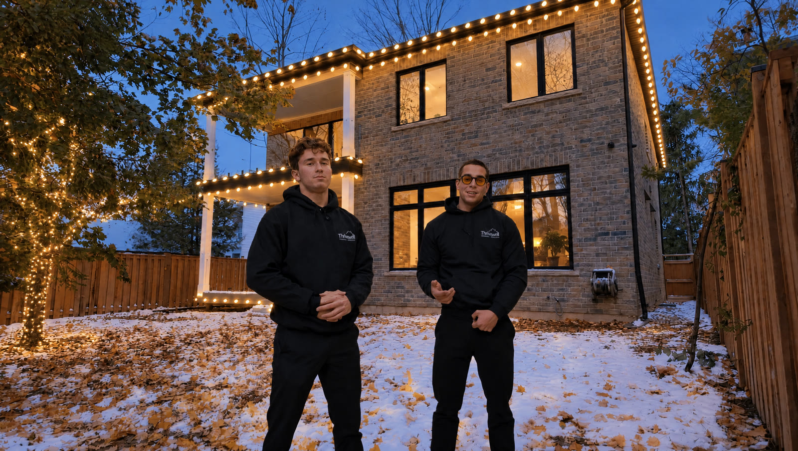 The Thirlwell crew in front of a house lit with Christmas lights