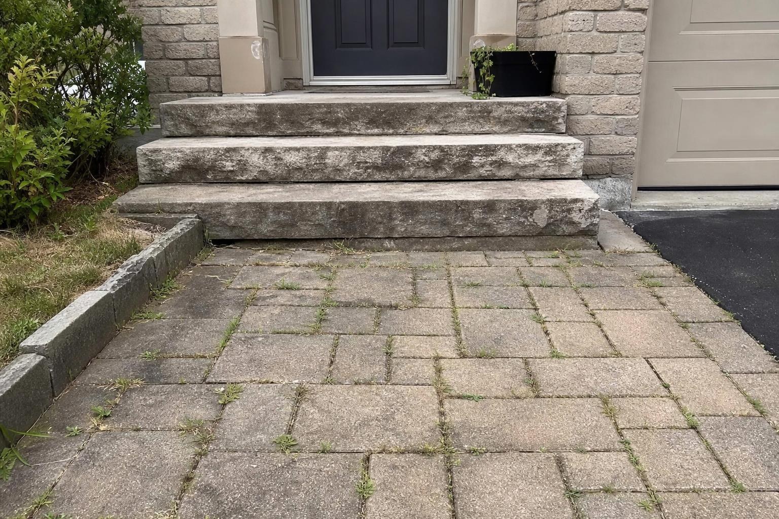 Grimy front steps and stained walkway before restoration