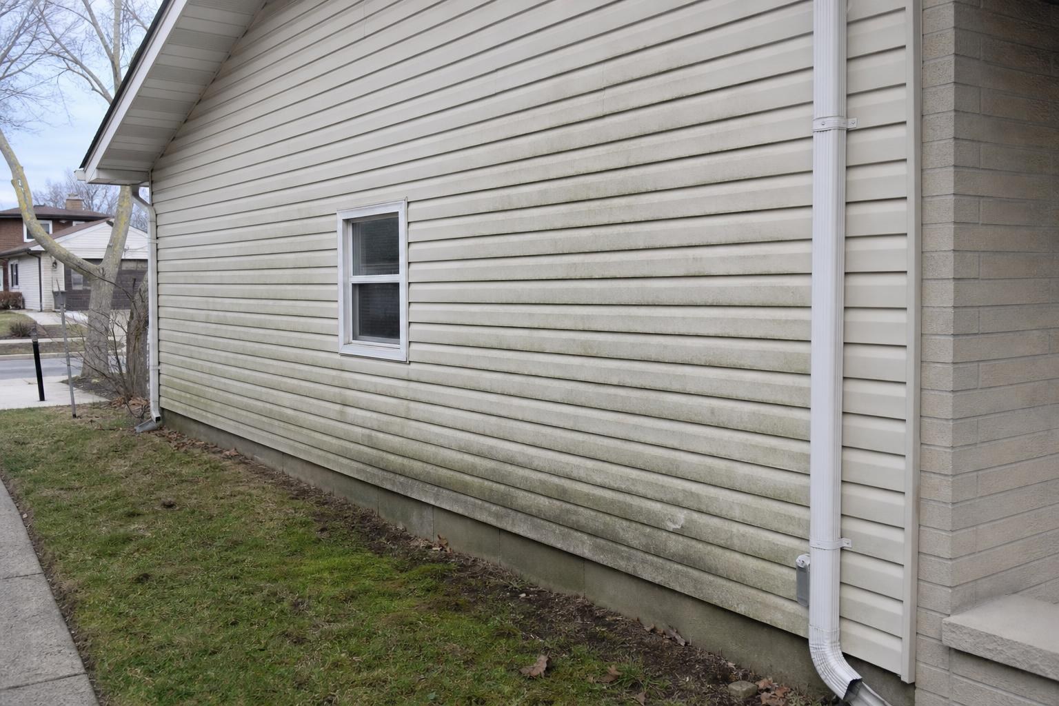Vinyl siding streaked green with algae before soft washing