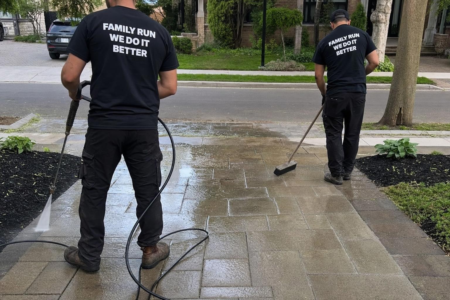 Thirlwell crew member pressure washing a driveway in Toronto