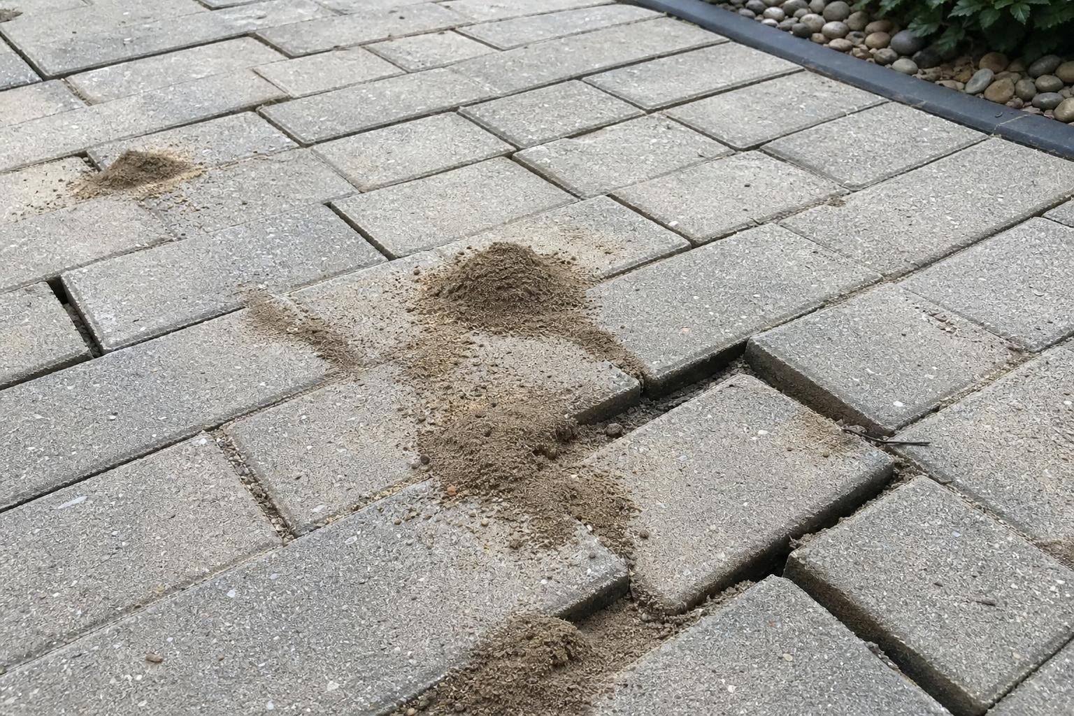 Paver walkway with ant hills and hollow, undermined joints