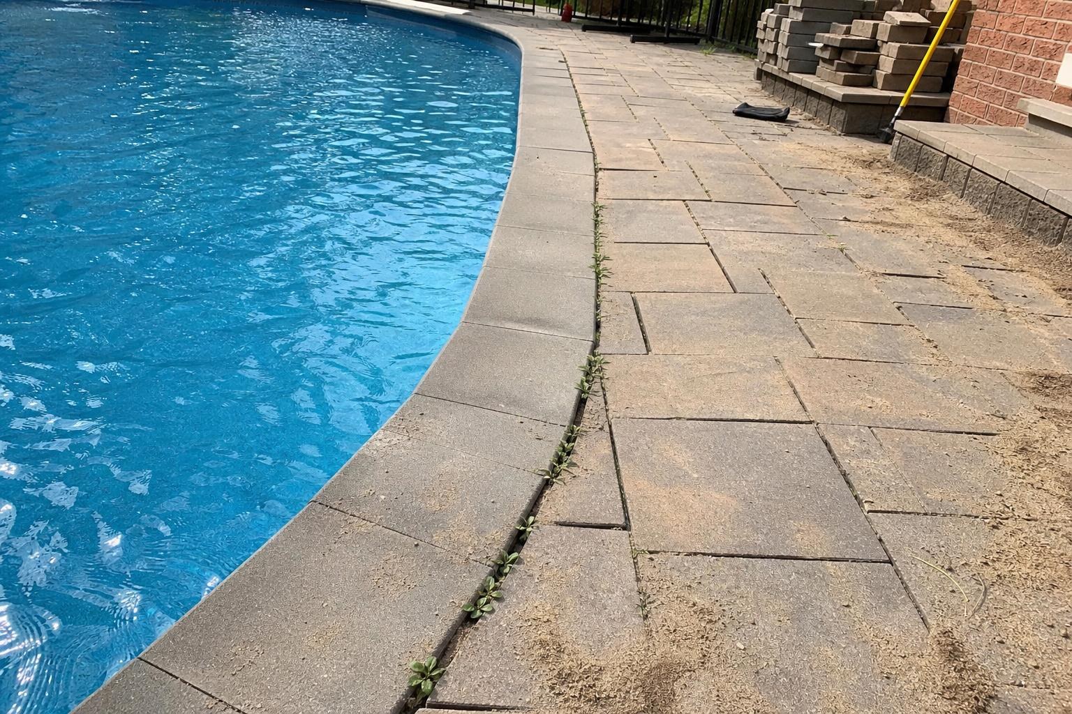 Pool surround pavers with gaping empty joints and weeds near the coping
