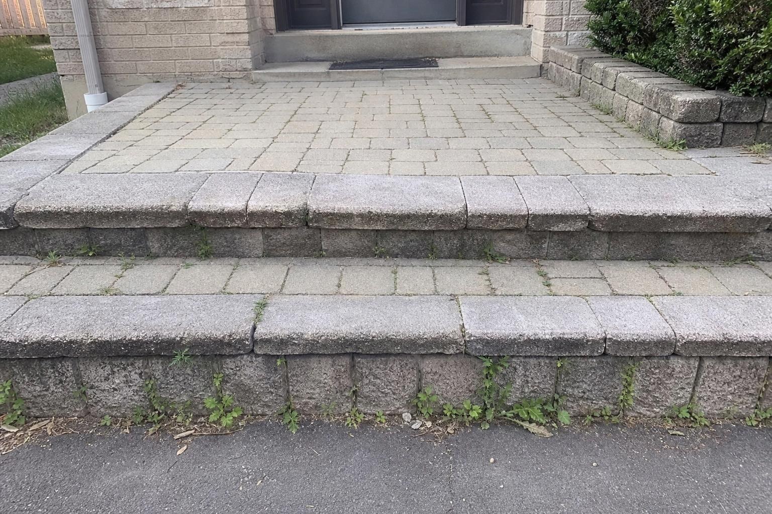 Paver front steps with weeds along the joints and sand washed out of the treads