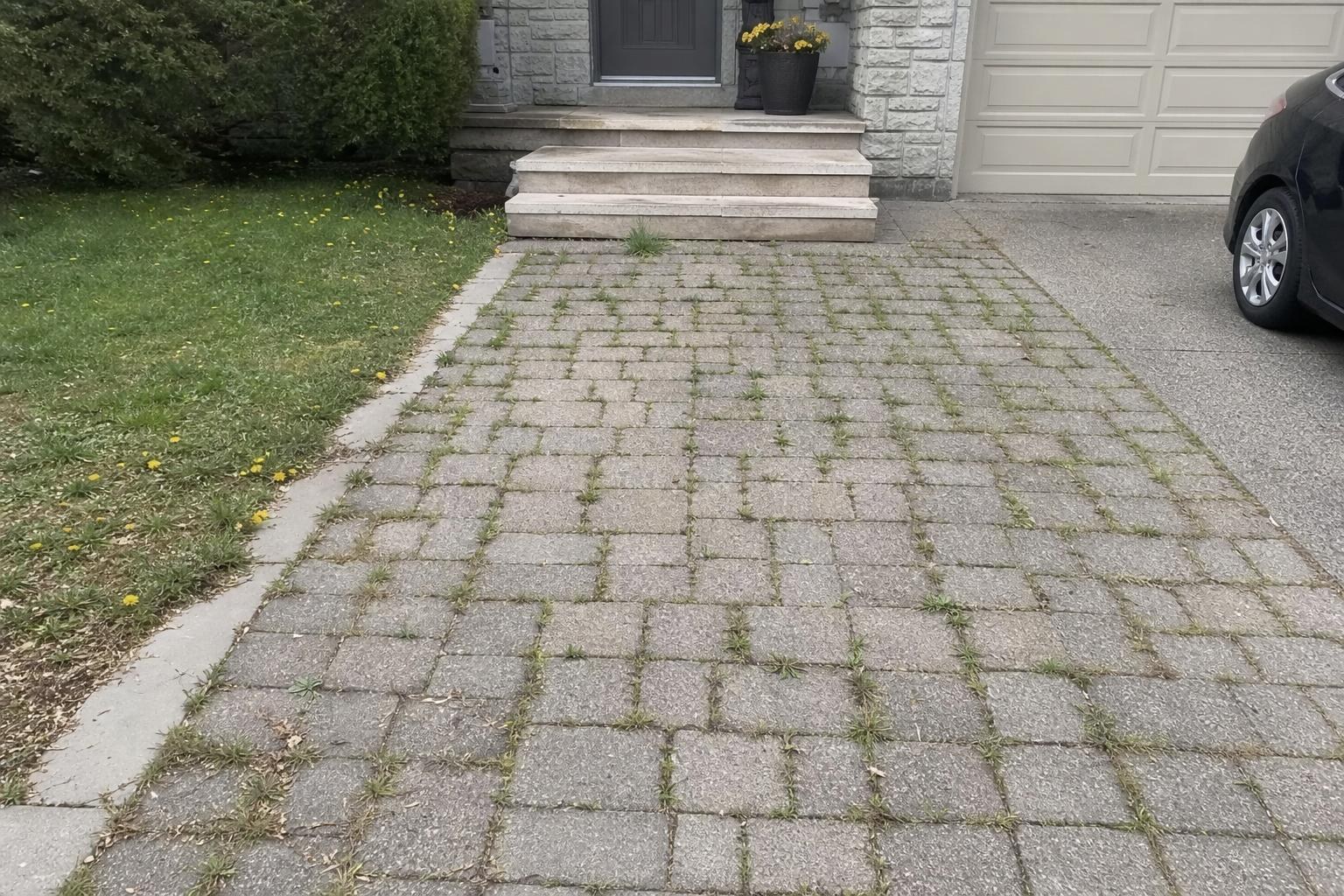 Front walkway with grass growing from every paver joint