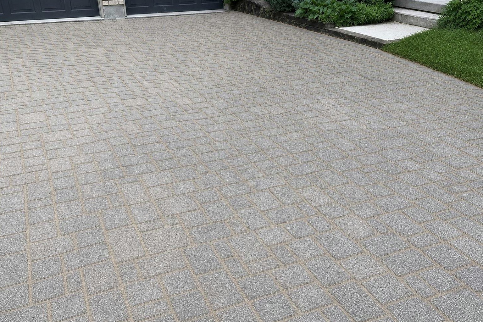 The same driveway pressure washed with every joint refilled with fresh polymeric sand