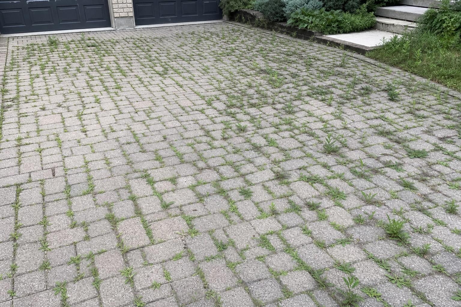 Interlock paver driveway with weeds growing out of every joint