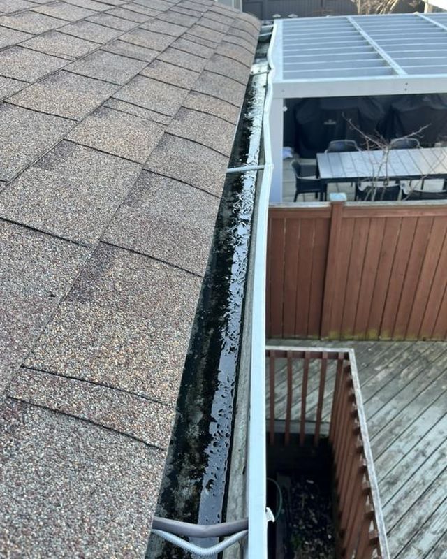 Gutter beside a backyard deck packed with debris before cleaning