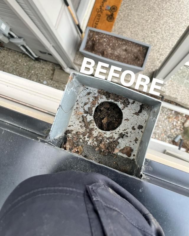 Downspout opening packed with debris on a patio roof corner, marked Before