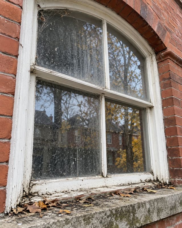 Arched white window under a red brick arch, glass dusty and the sill full of leaves before cleaning
