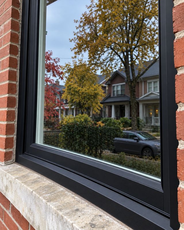 The same black framed window after cleaning, glass clear and the frame wiped