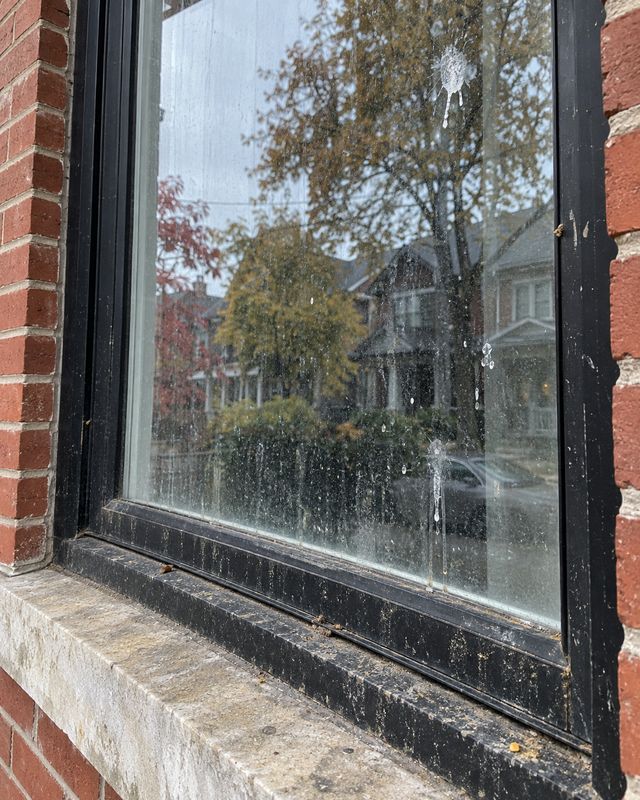 Black framed window on a red brick house, glass streaked with bird droppings before cleaning