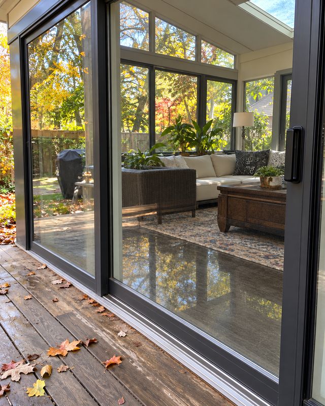 The same sliding door after cleaning, glass clear right through to the sunroom