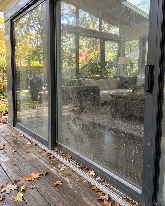 Sliding glass door into a backyard sunroom, glass smeared with paw prints and grime before cleaning